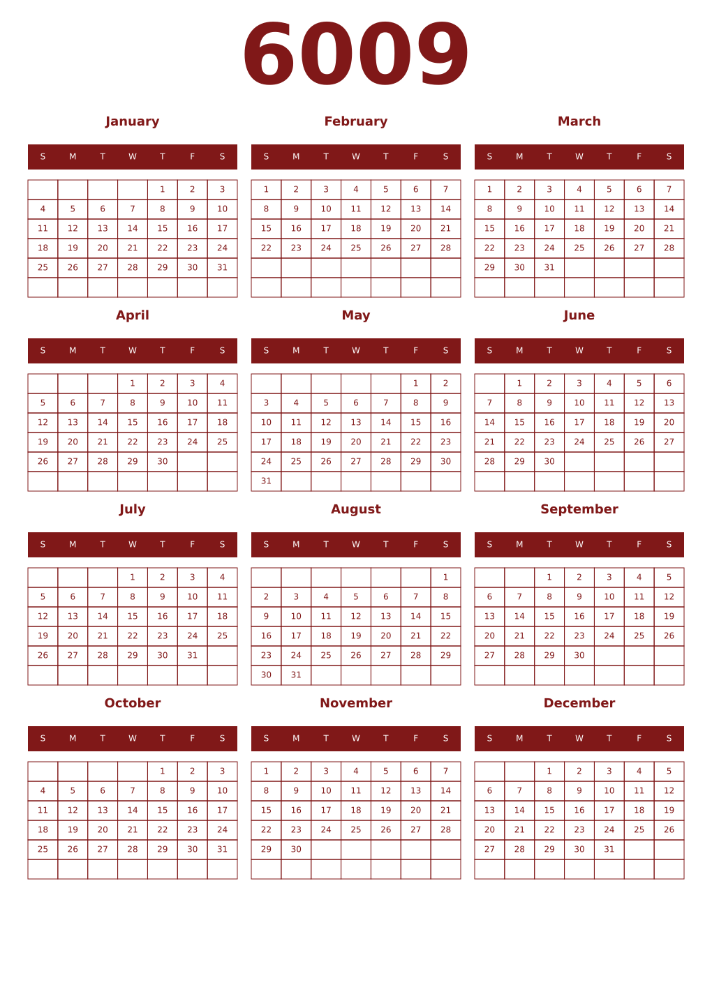 Printable 6009 Year Calendars falu