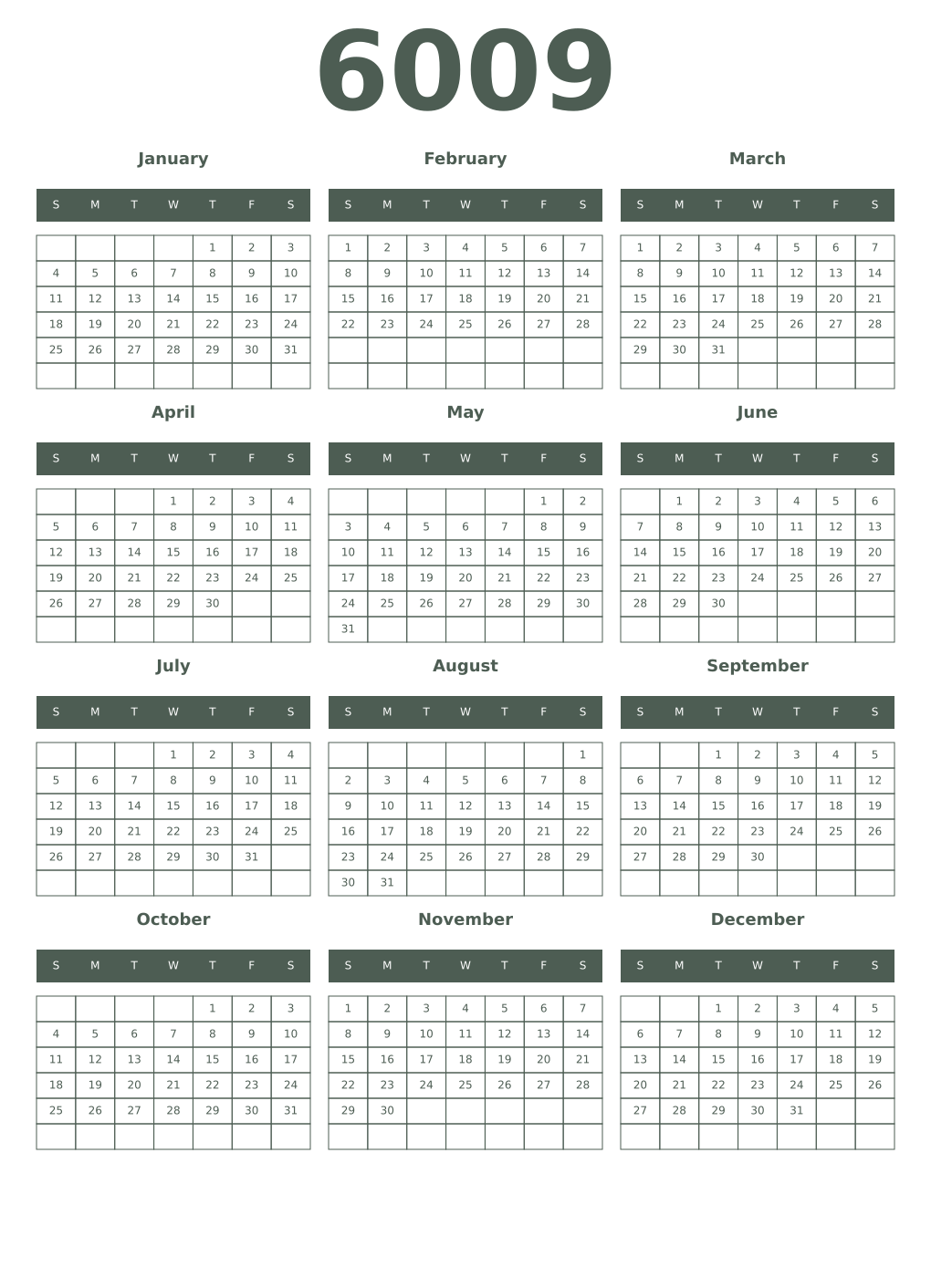 Printable 6009 Year Calendars feldgrau