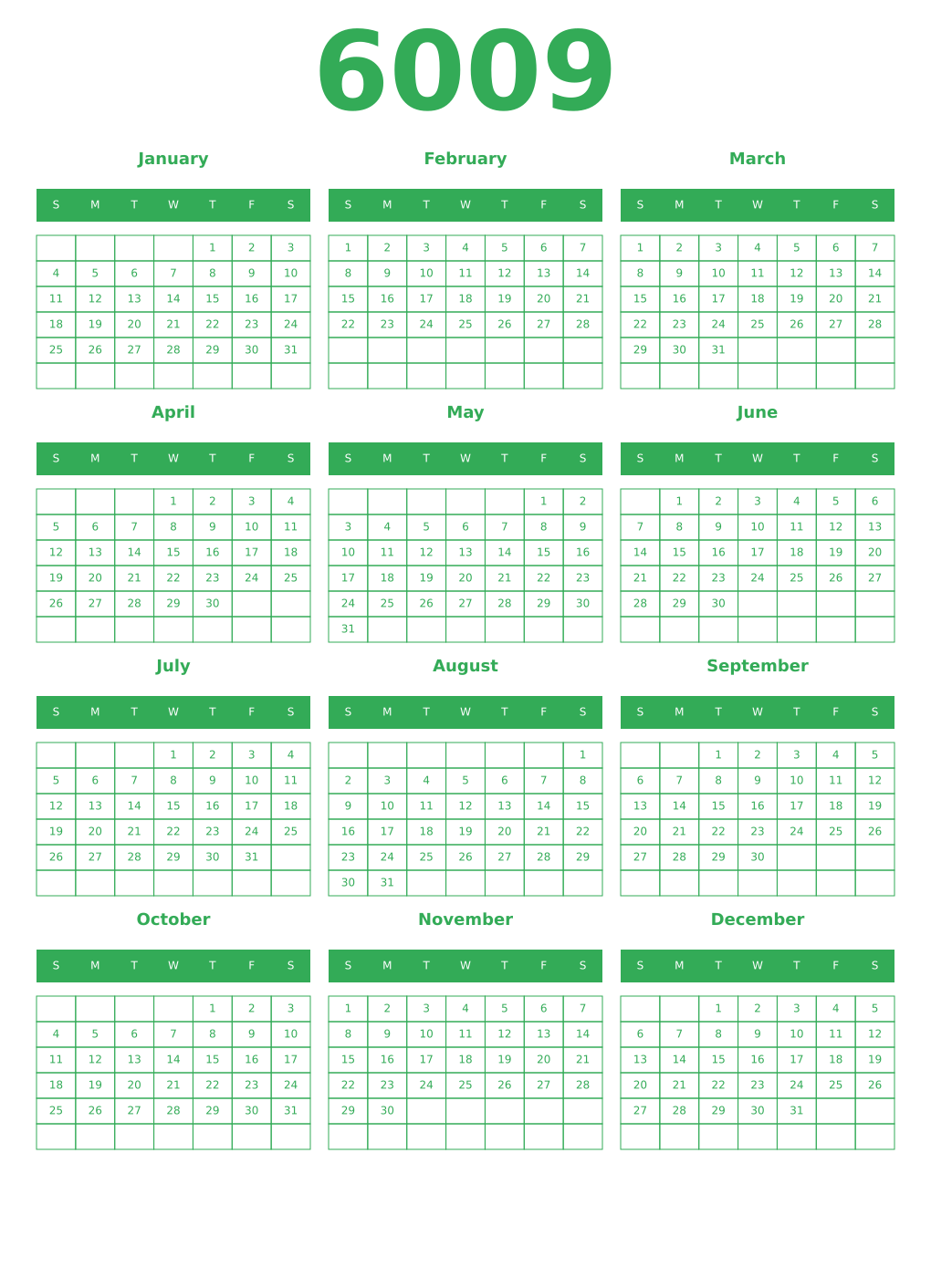 Printable 6009 Year Calendars green