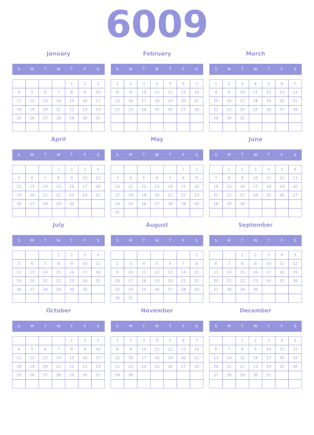 Printable 6009 Year Calendars periwinkle