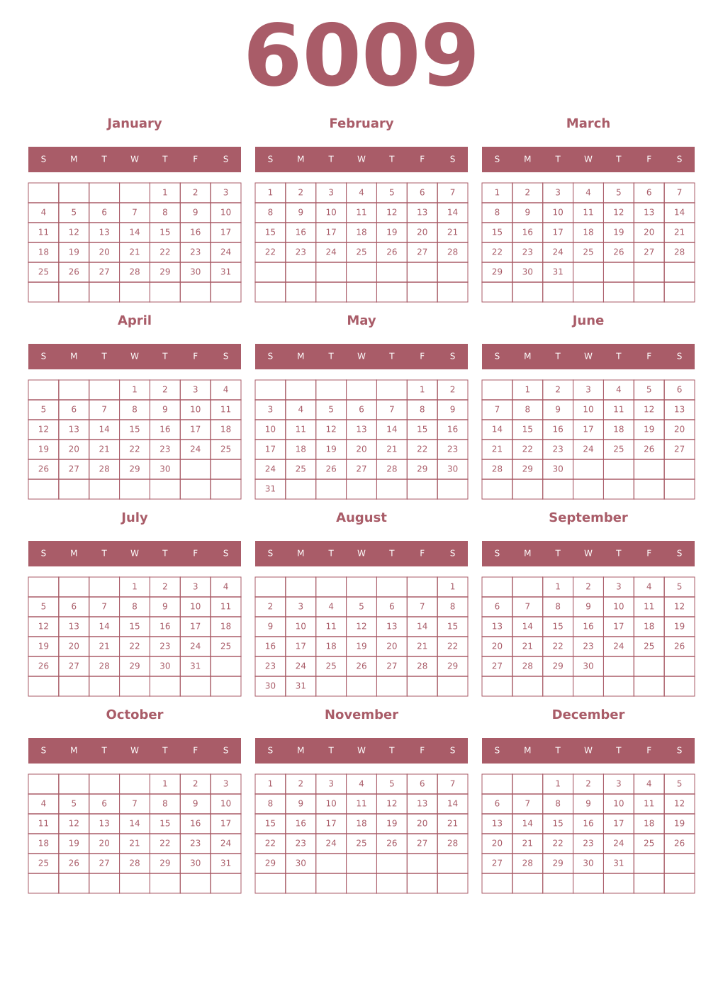 Printable 6009 Year Calendars puce