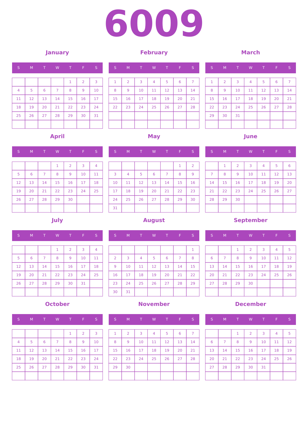 Printable 6009 Year Calendars purple