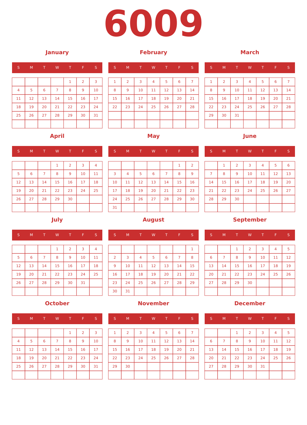 Printable 6009 Year Calendars red