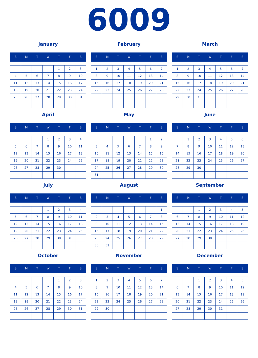 Printable 6009 Year Calendars smalt