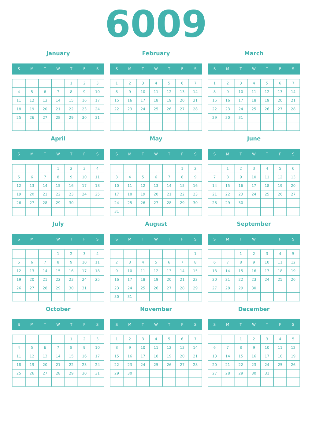 Printable 6009 Year Calendars verdigris