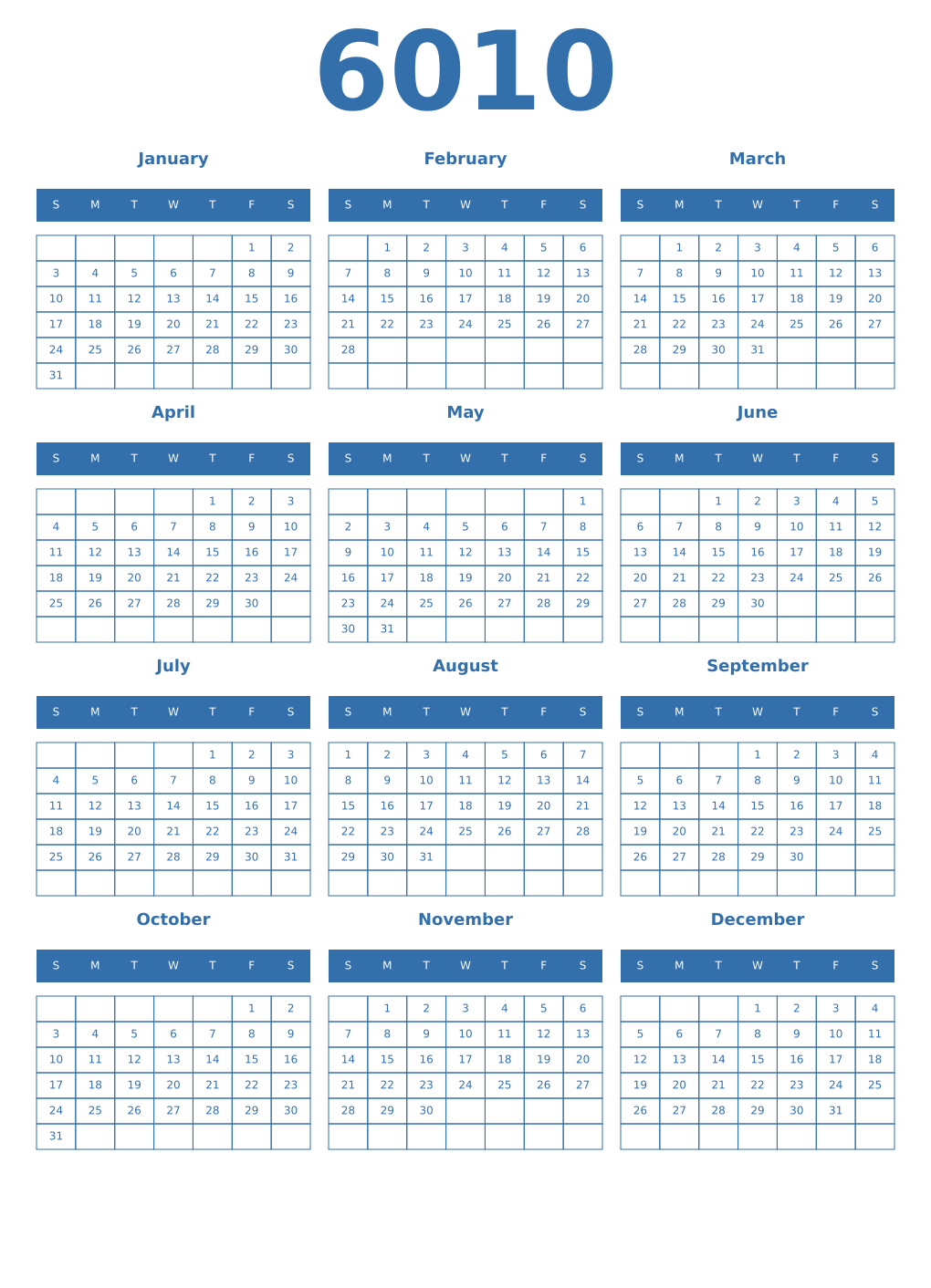 Printable 6010 Year Calendars blue