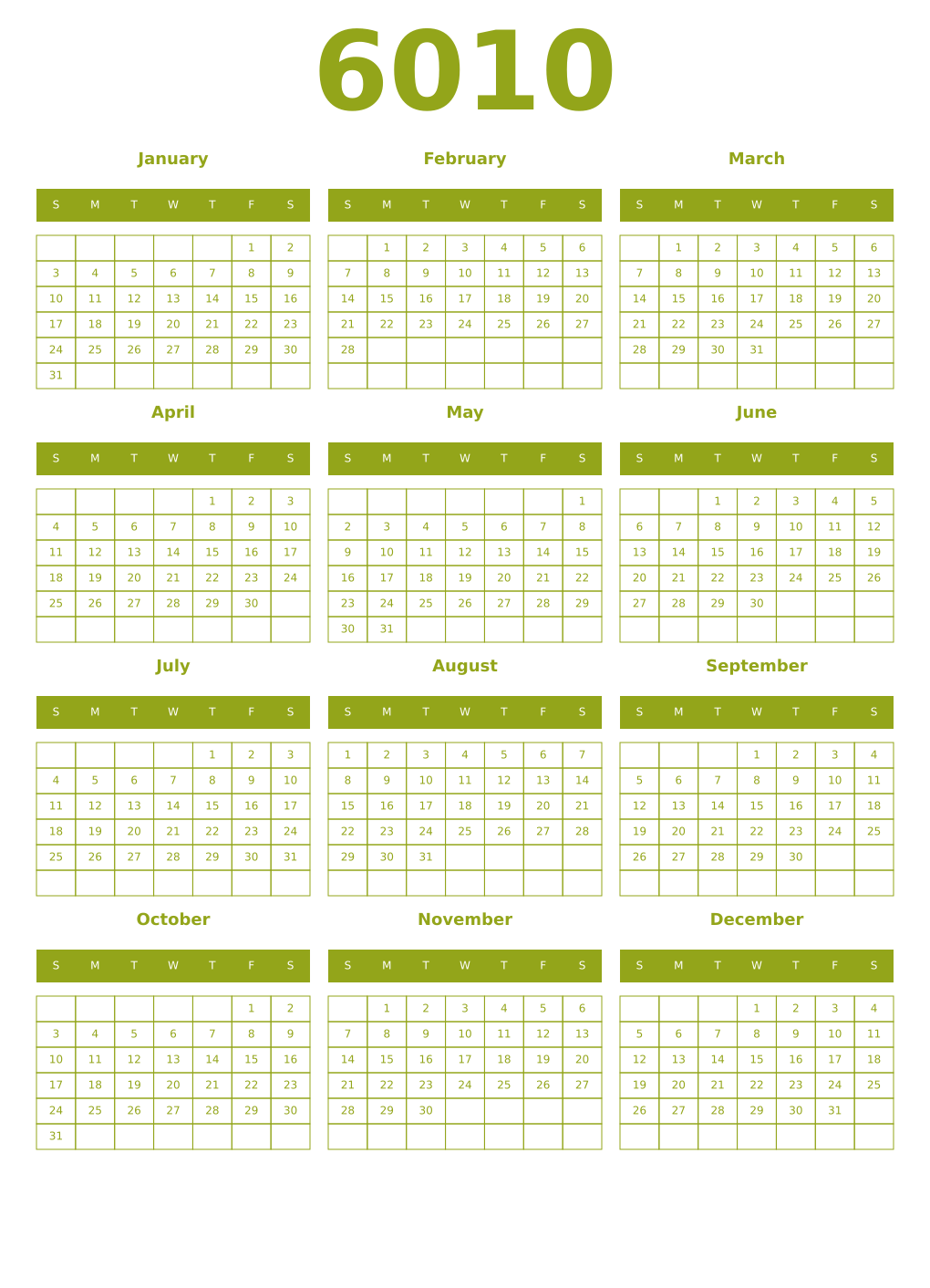 Printable 6010 Year Calendars chartreuse