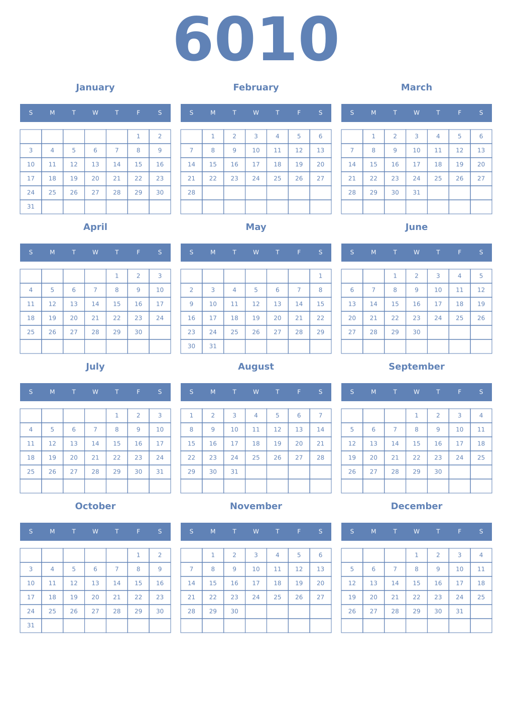 Printable 6010 Year Calendars glaucous