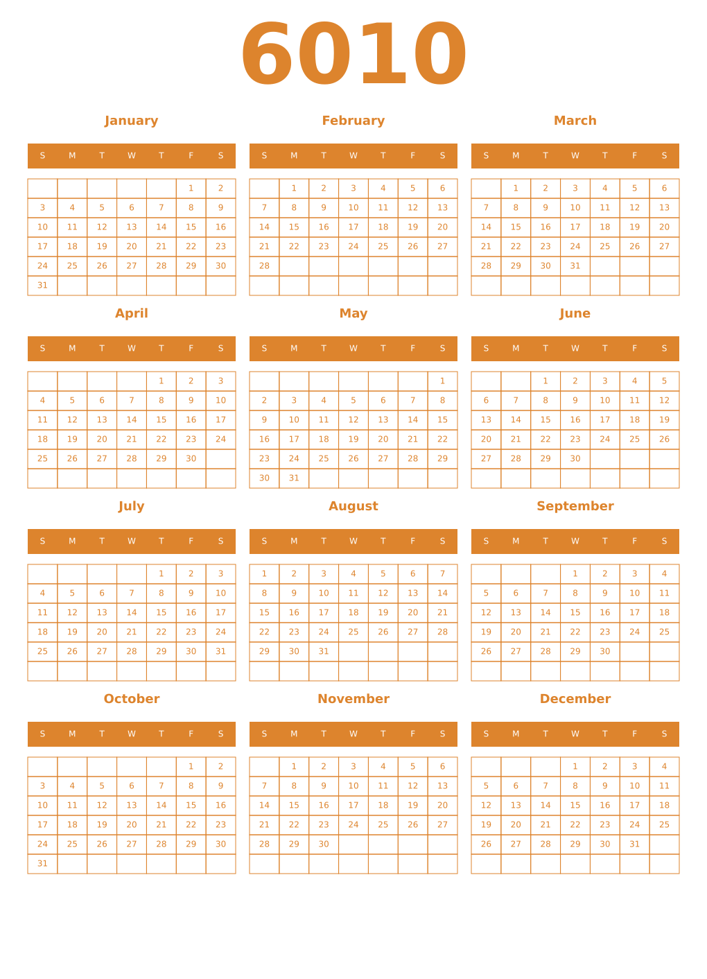 Printable 6010 Year Calendars orange