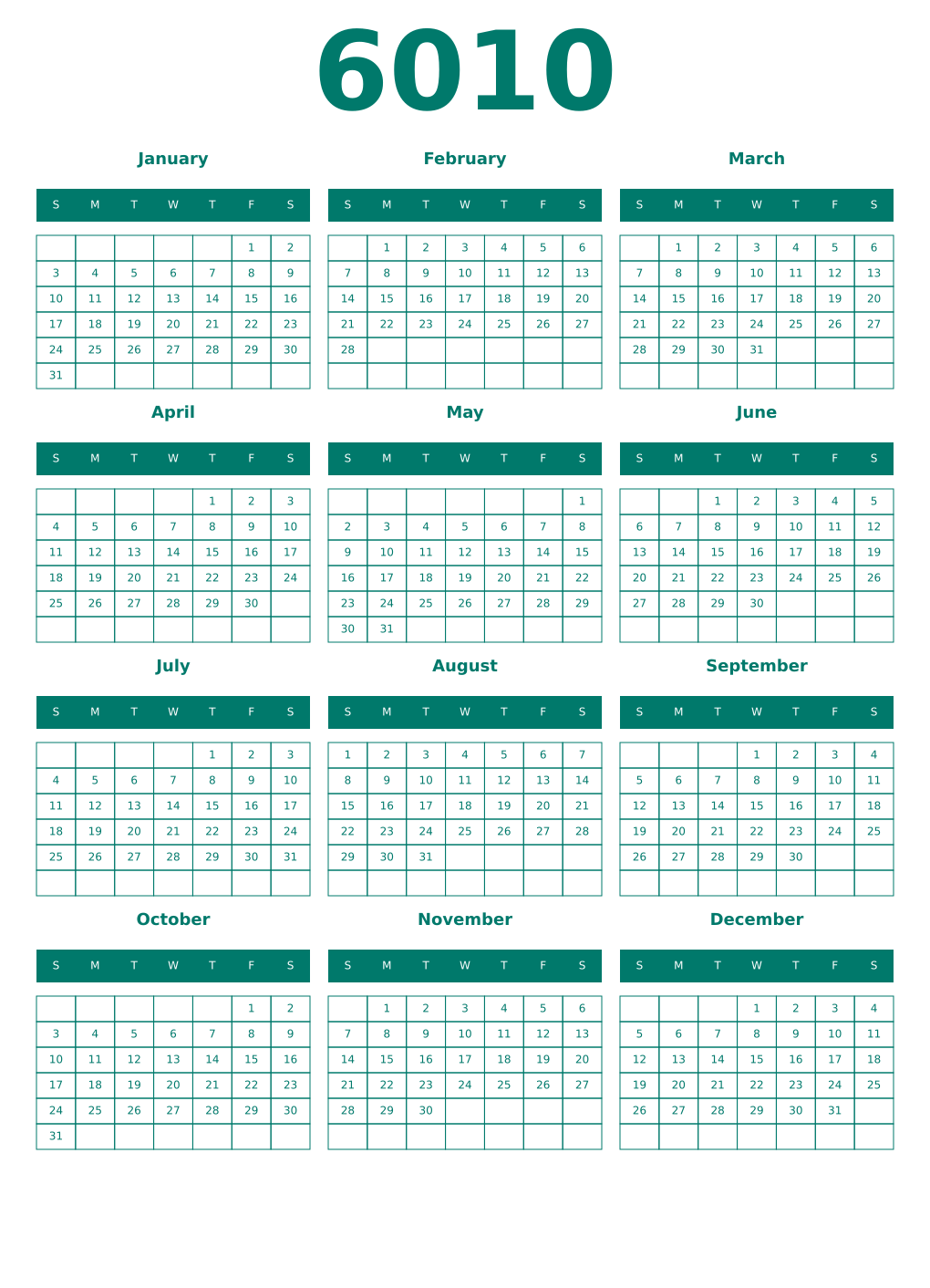 Printable 6010 Year Calendars pastel