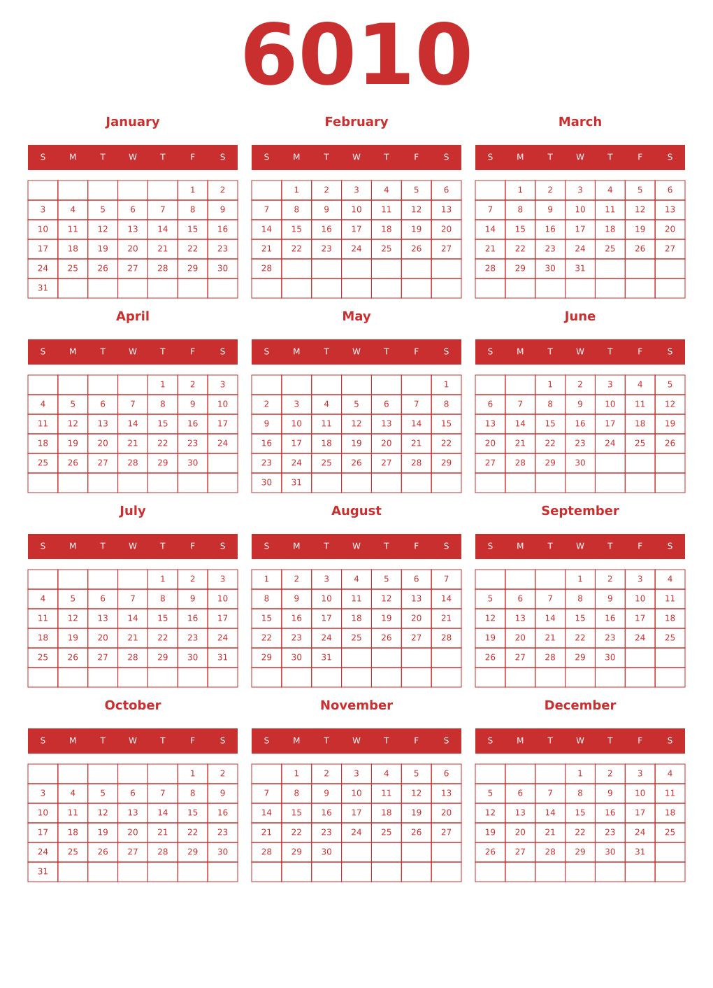 Printable 6010 Year Calendars red