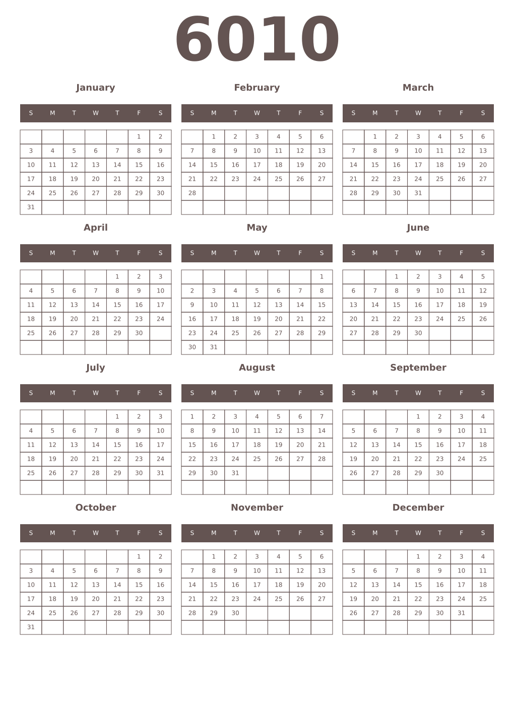 Printable 6010 Year Calendars wenge