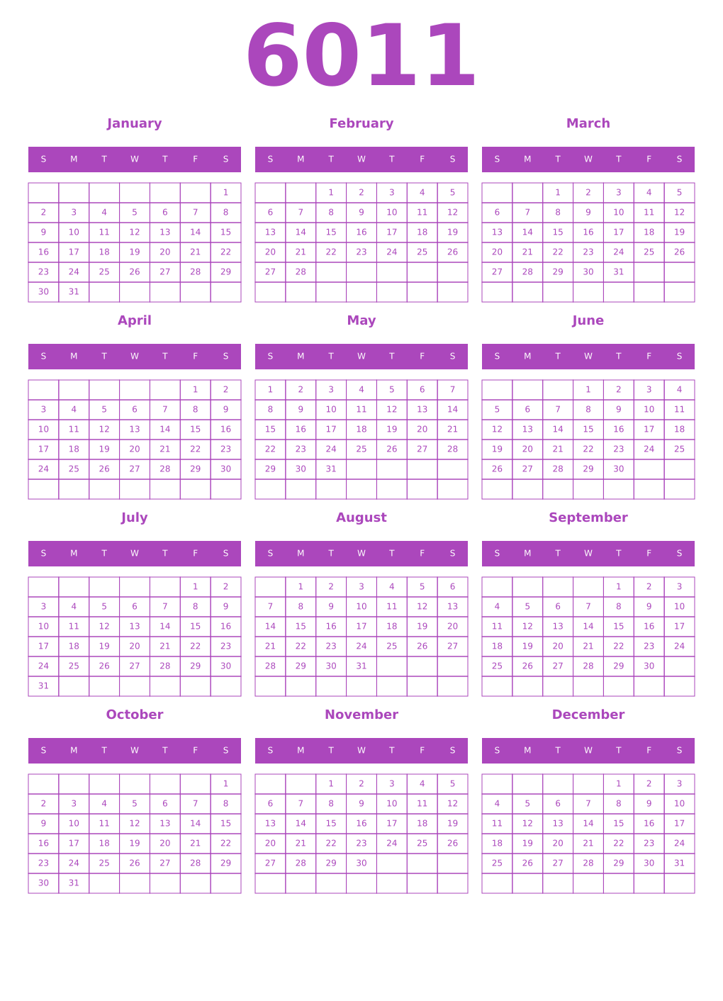 Printable 6011 Year Calendars purple