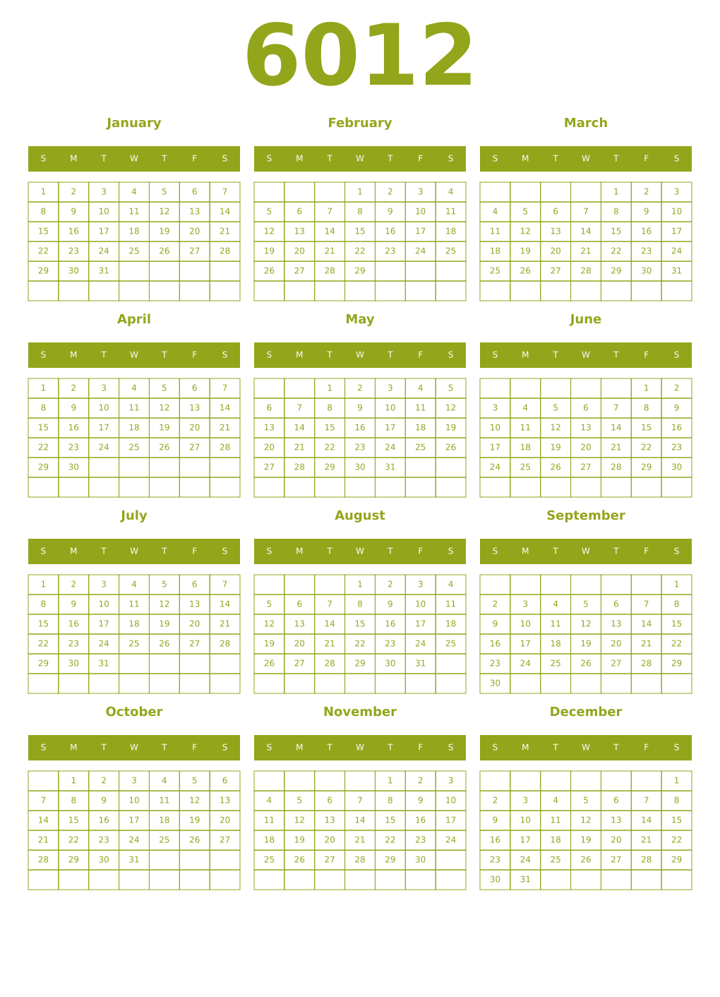 Printable 6012 Year Calendars chartreuse