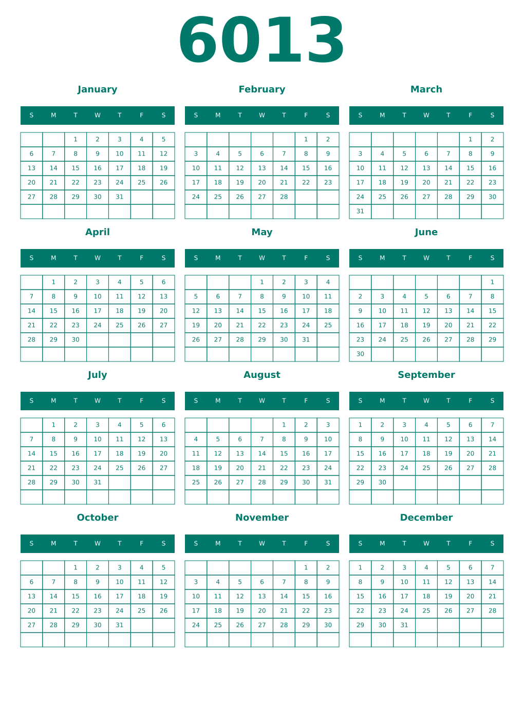Printable 6013 Year Calendars pastel