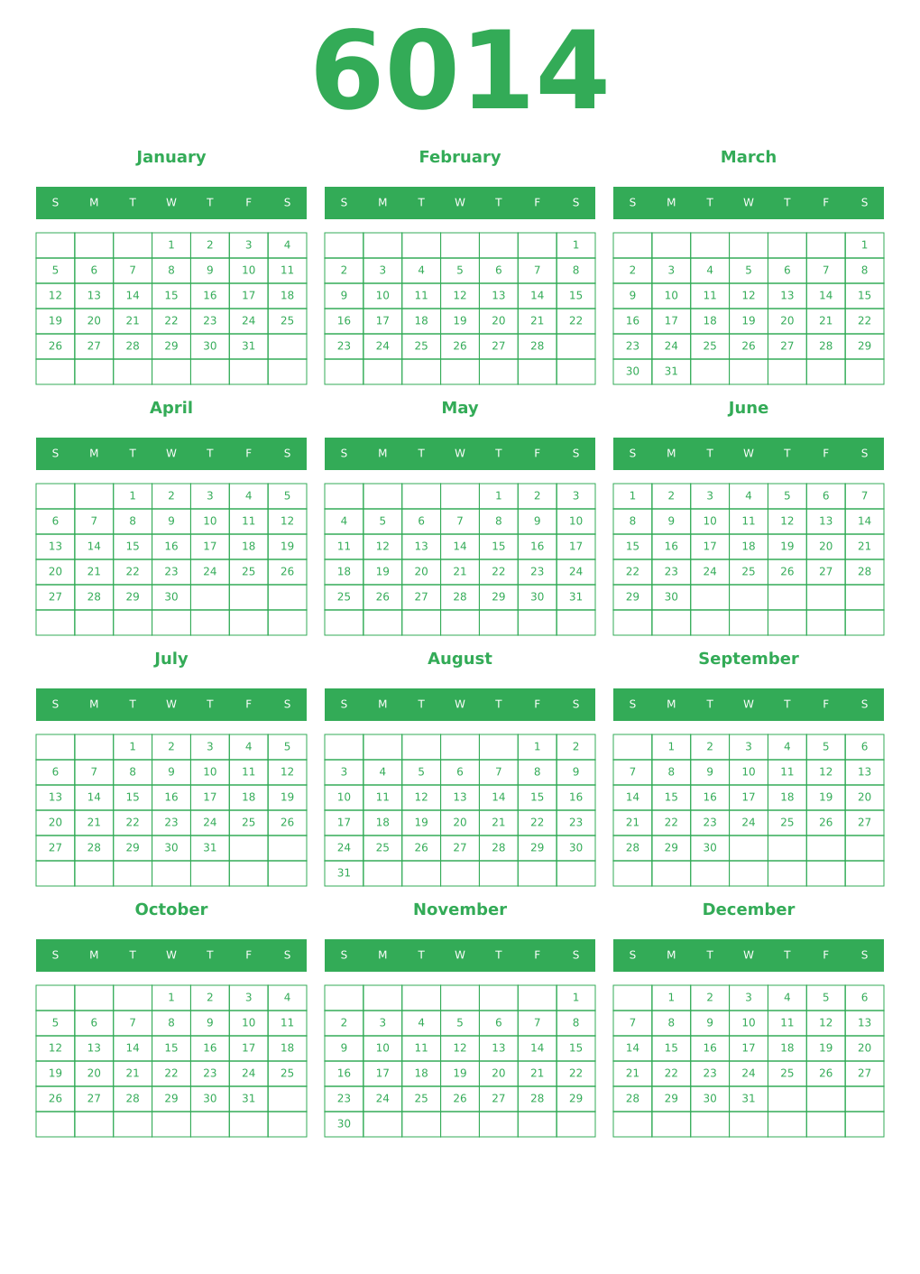 Printable 6014 Year Calendars green