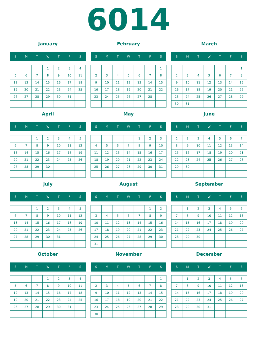 Printable 6014 Year Calendars pastel