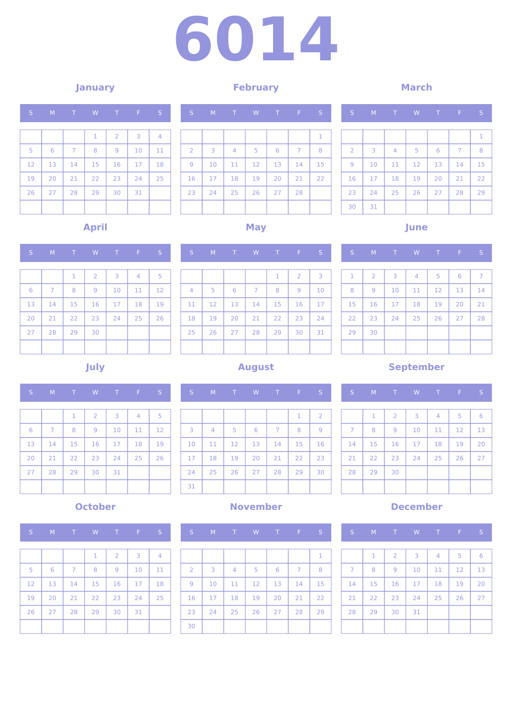 Printable 6014 Year Calendars periwinkle