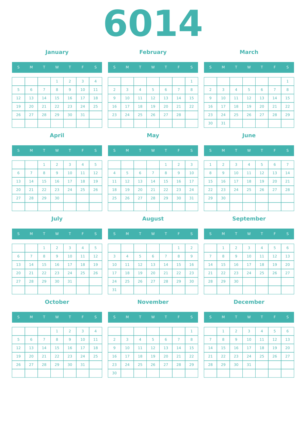 Printable 6014 Year Calendars verdigris