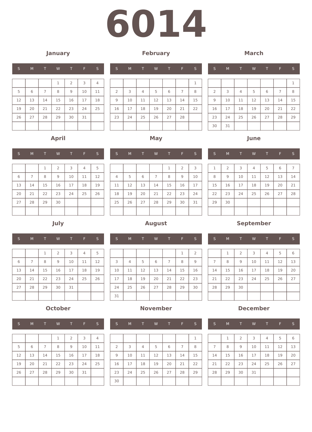 Printable 6014 Year Calendars wenge