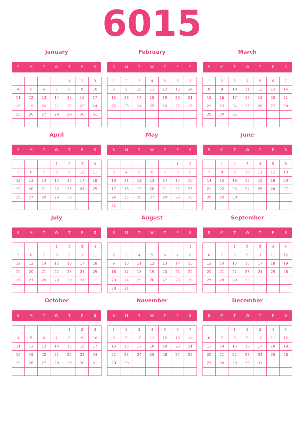 Printable 6015 Year Calendars pink