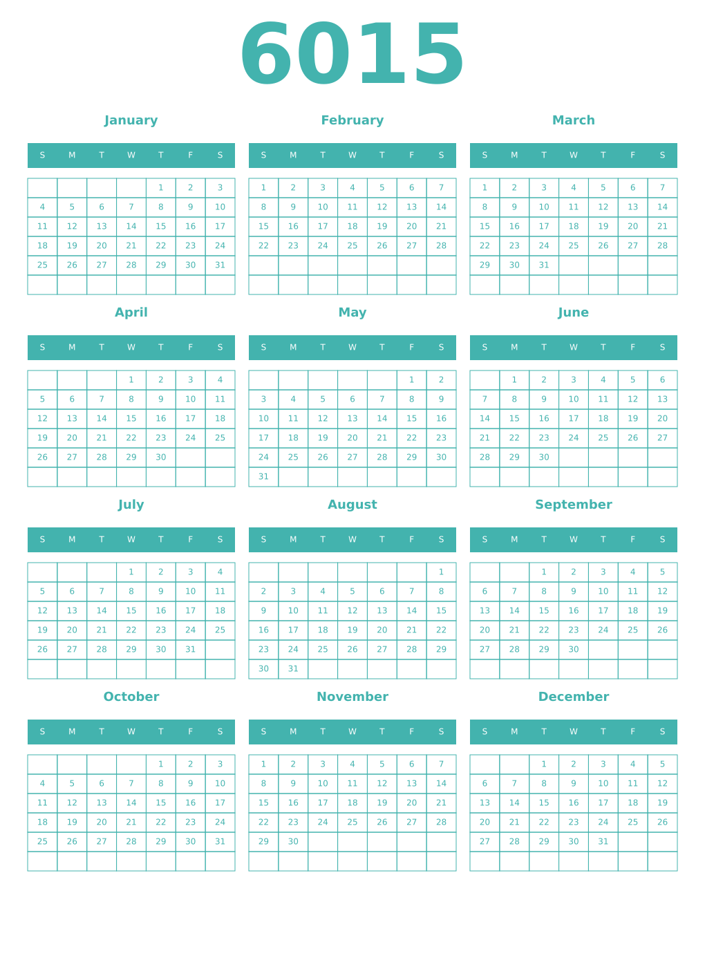 Printable 6015 Year Calendars verdigris