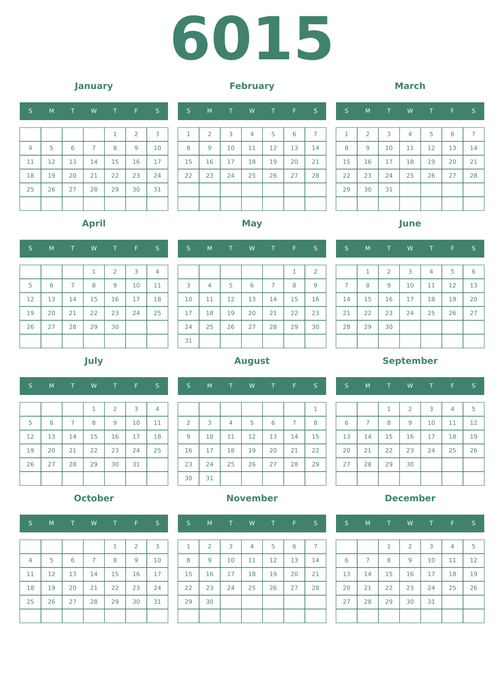 Printable 6015 Year Calendars viridian