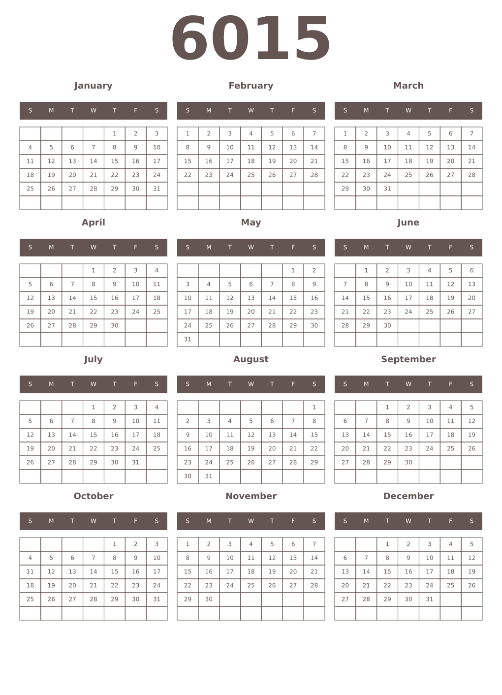 Printable 6015 Year Calendars wenge