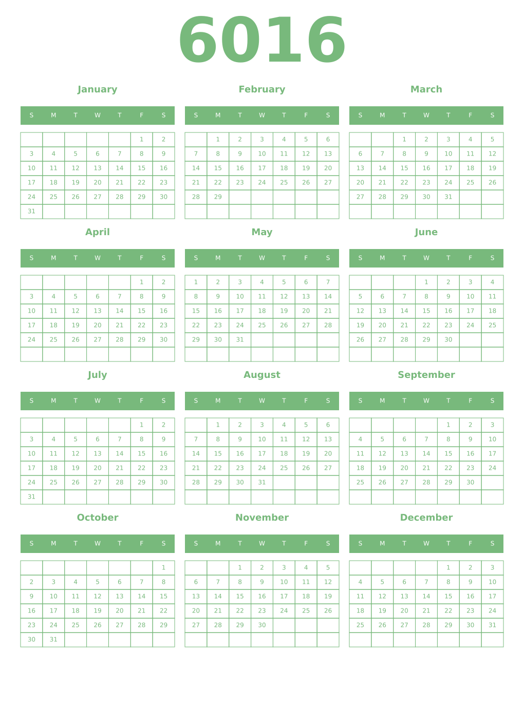 Printable 6016 Year Calendars celadon