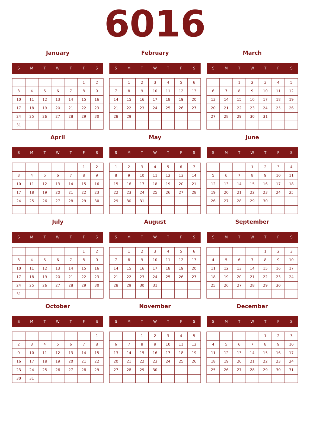 Printable 6016 Year Calendars falu