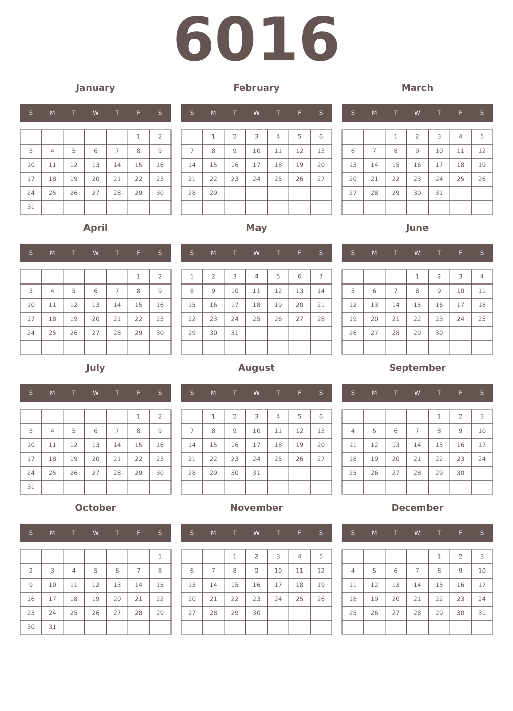 Printable 6016 Year Calendars wenge