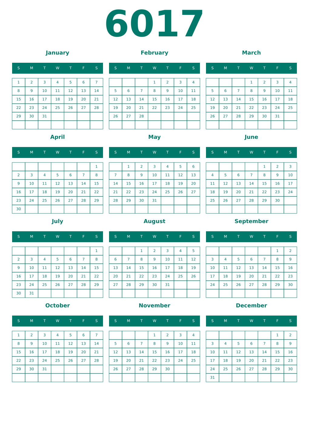 Printable 6017 Year Calendars pastel