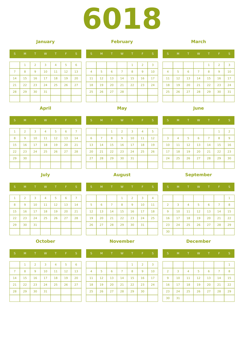 Printable 6018 Year Calendars chartreuse
