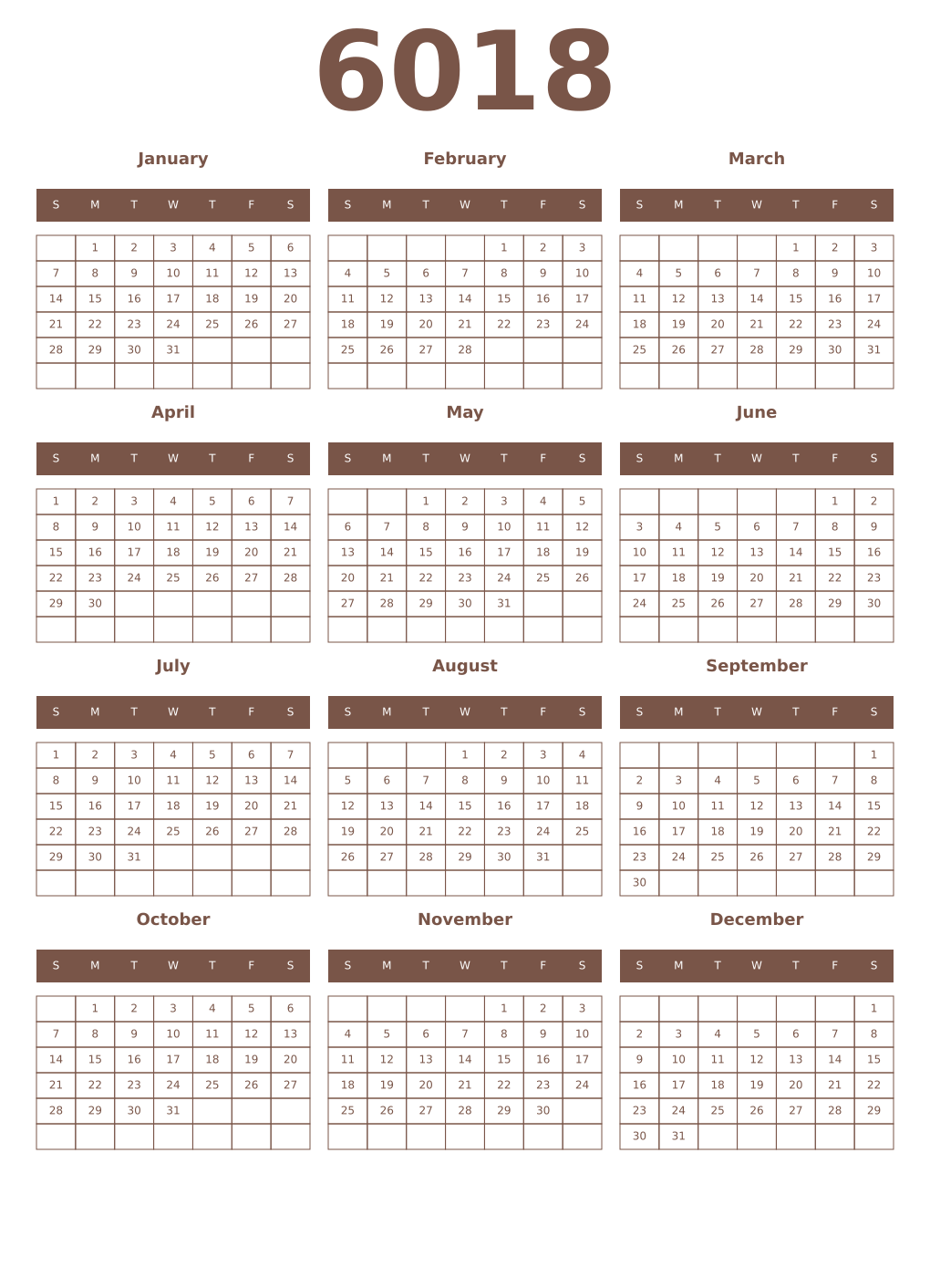 Printable 6018 Year Calendars coffe