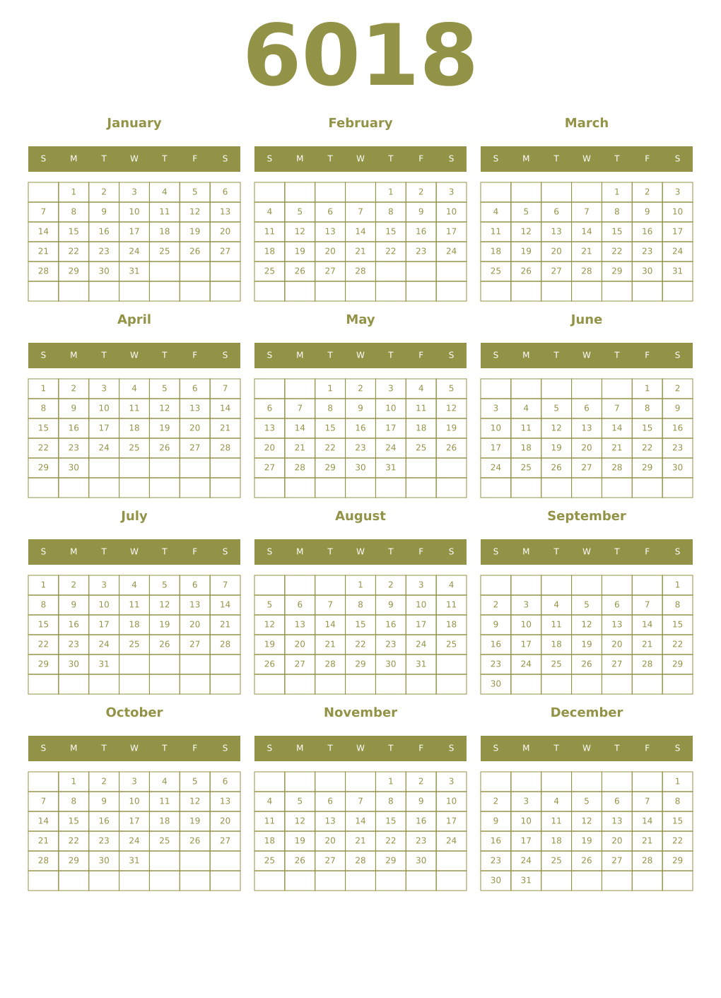 Printable 6018 Year Calendars eburnean