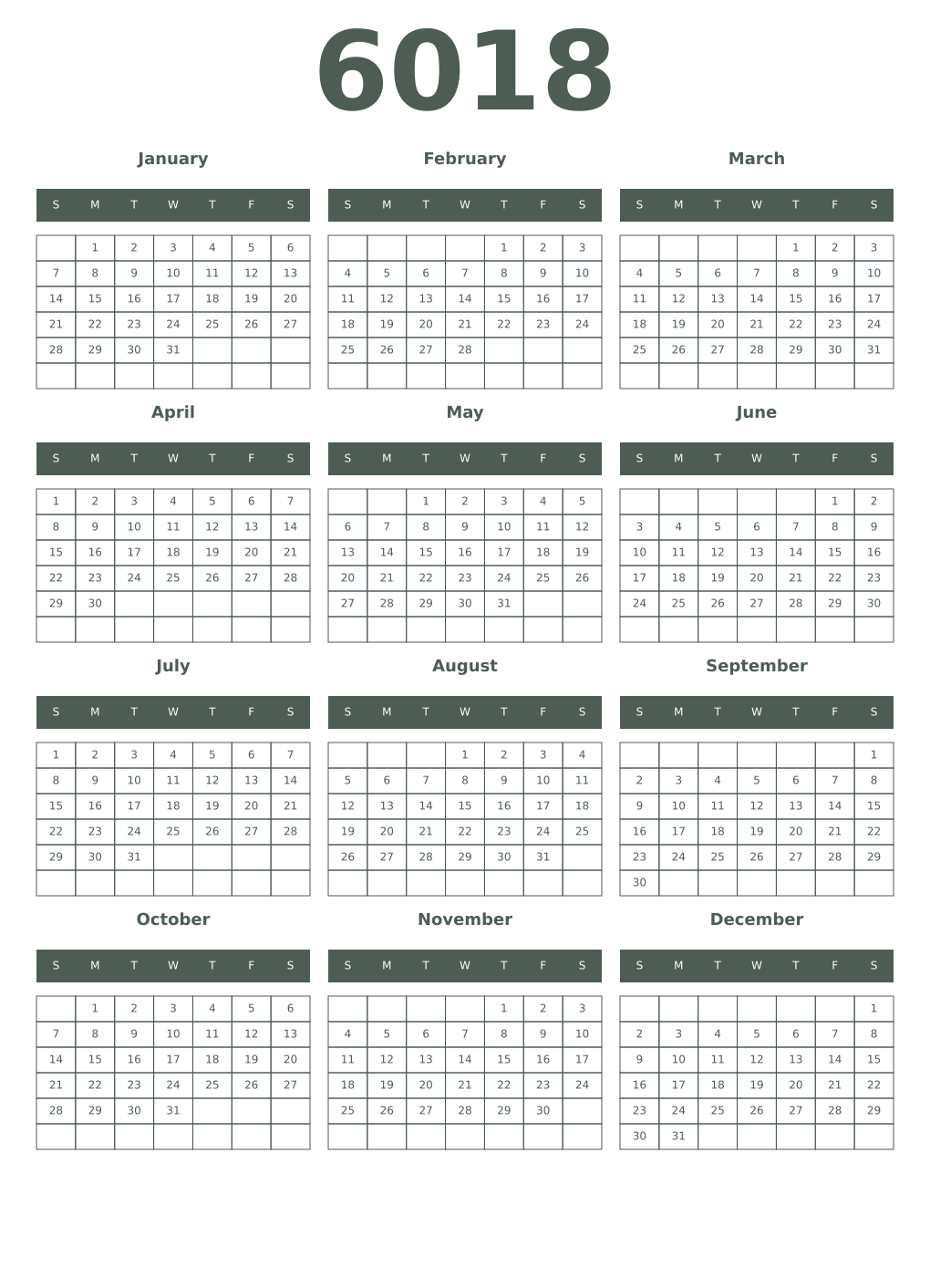 Printable 6018 Year Calendars feldgrau