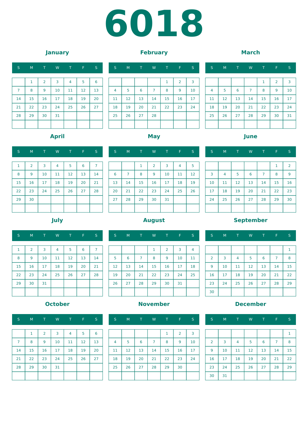 Printable 6018 Year Calendars pastel