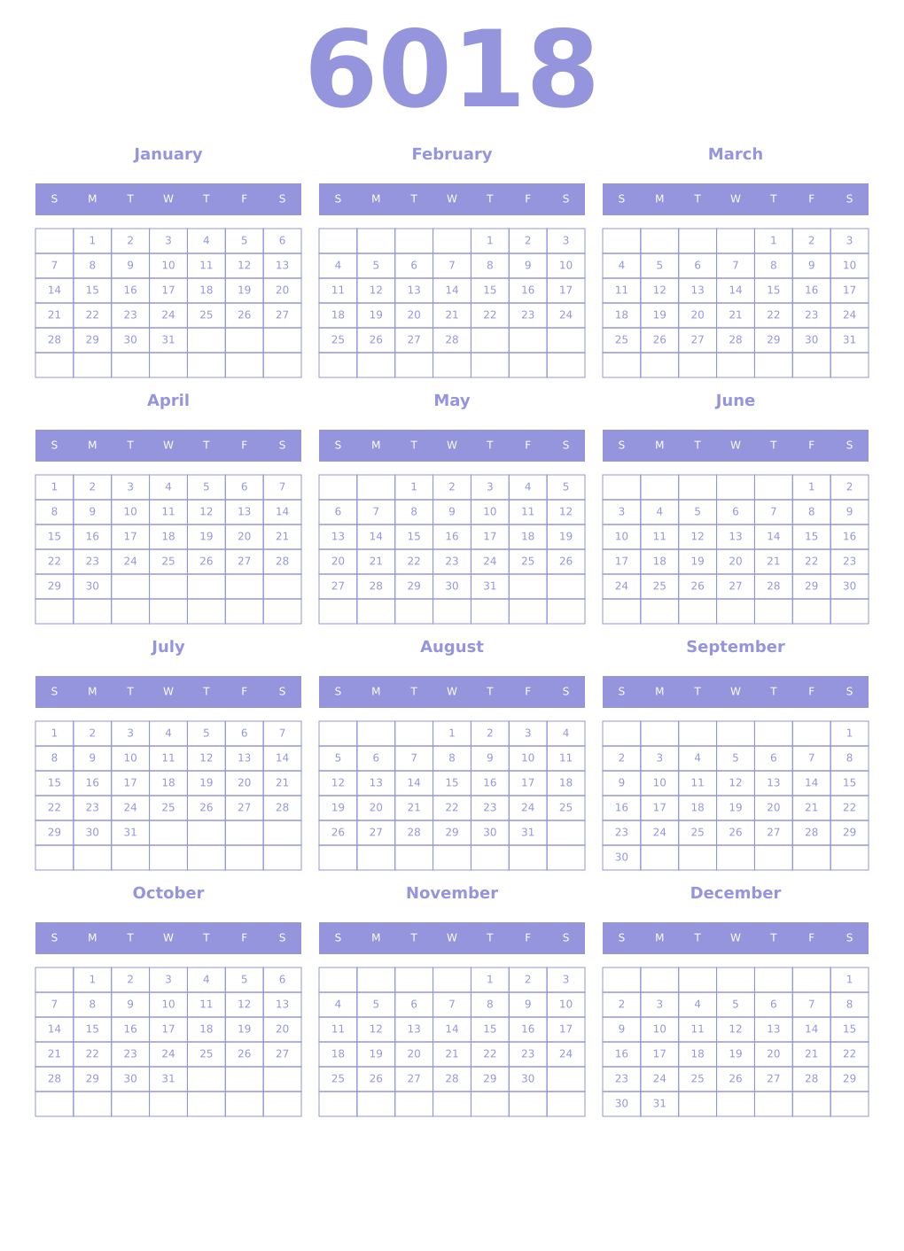 Printable 6018 Year Calendars periwinkle