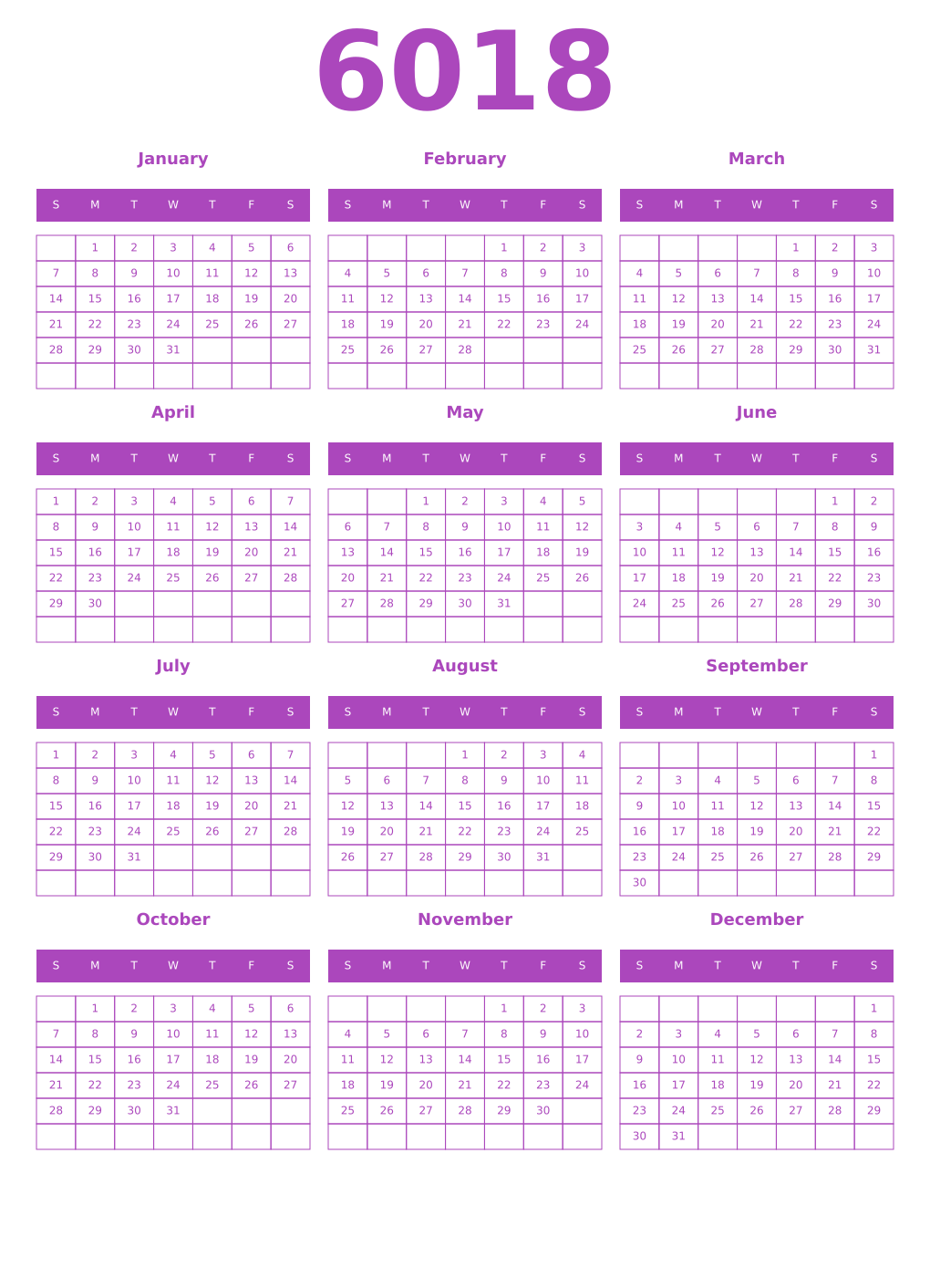 Printable 6018 Year Calendars purple