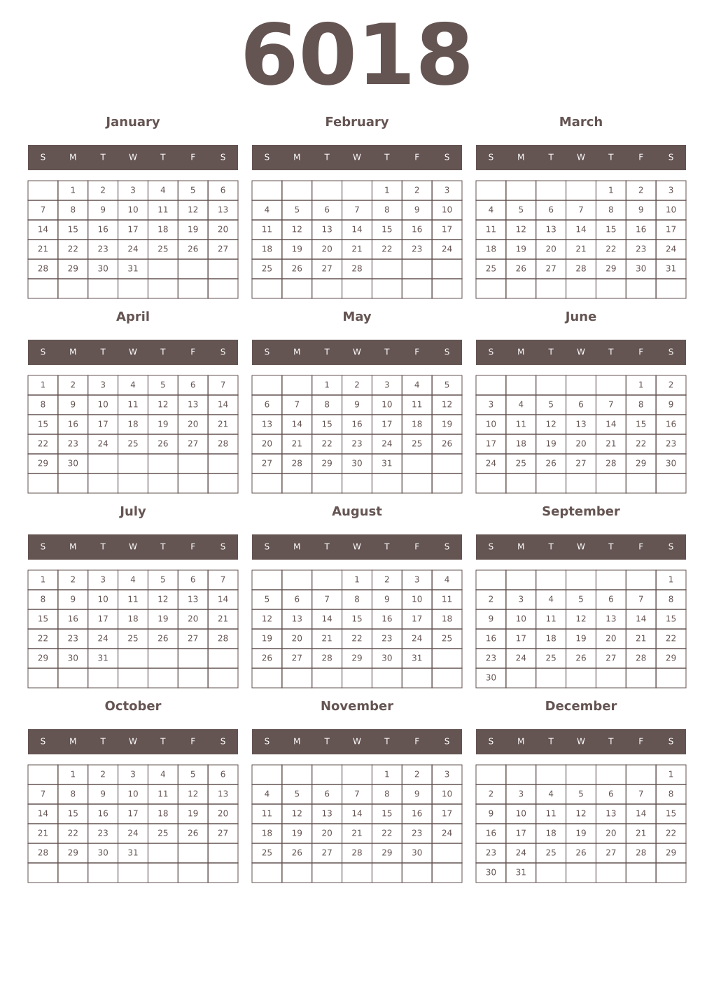 Printable 6018 Year Calendars wenge
