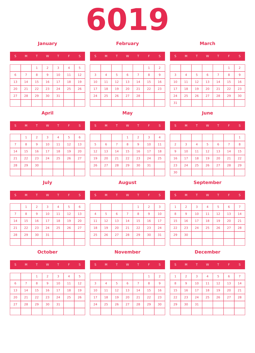 Printable 6019 Year Calendars amaranth