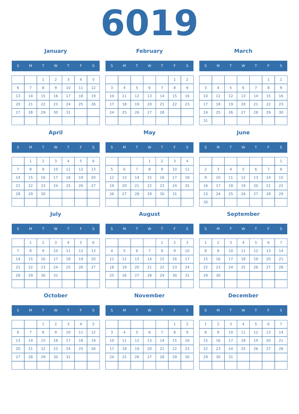 Printable 6019 Year Calendars blue