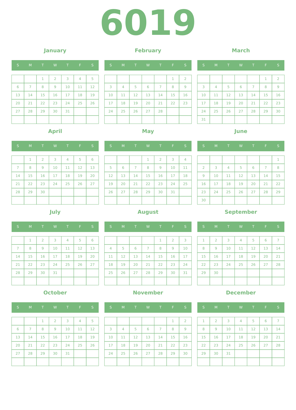 Printable 6019 Year Calendars celadon