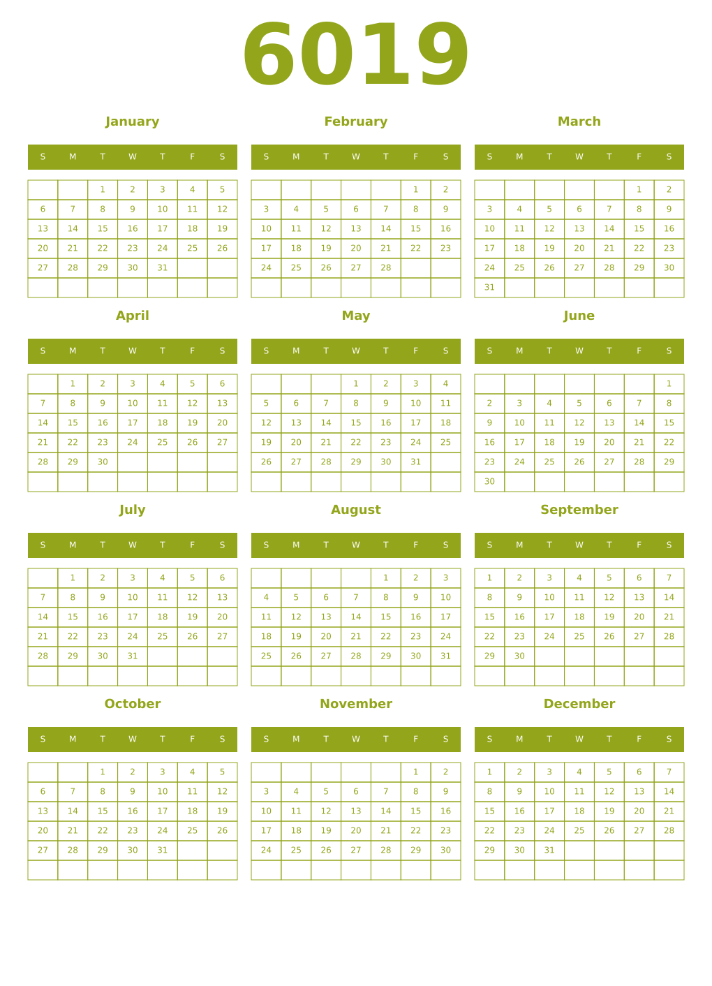 Printable 6019 Year Calendars chartreuse