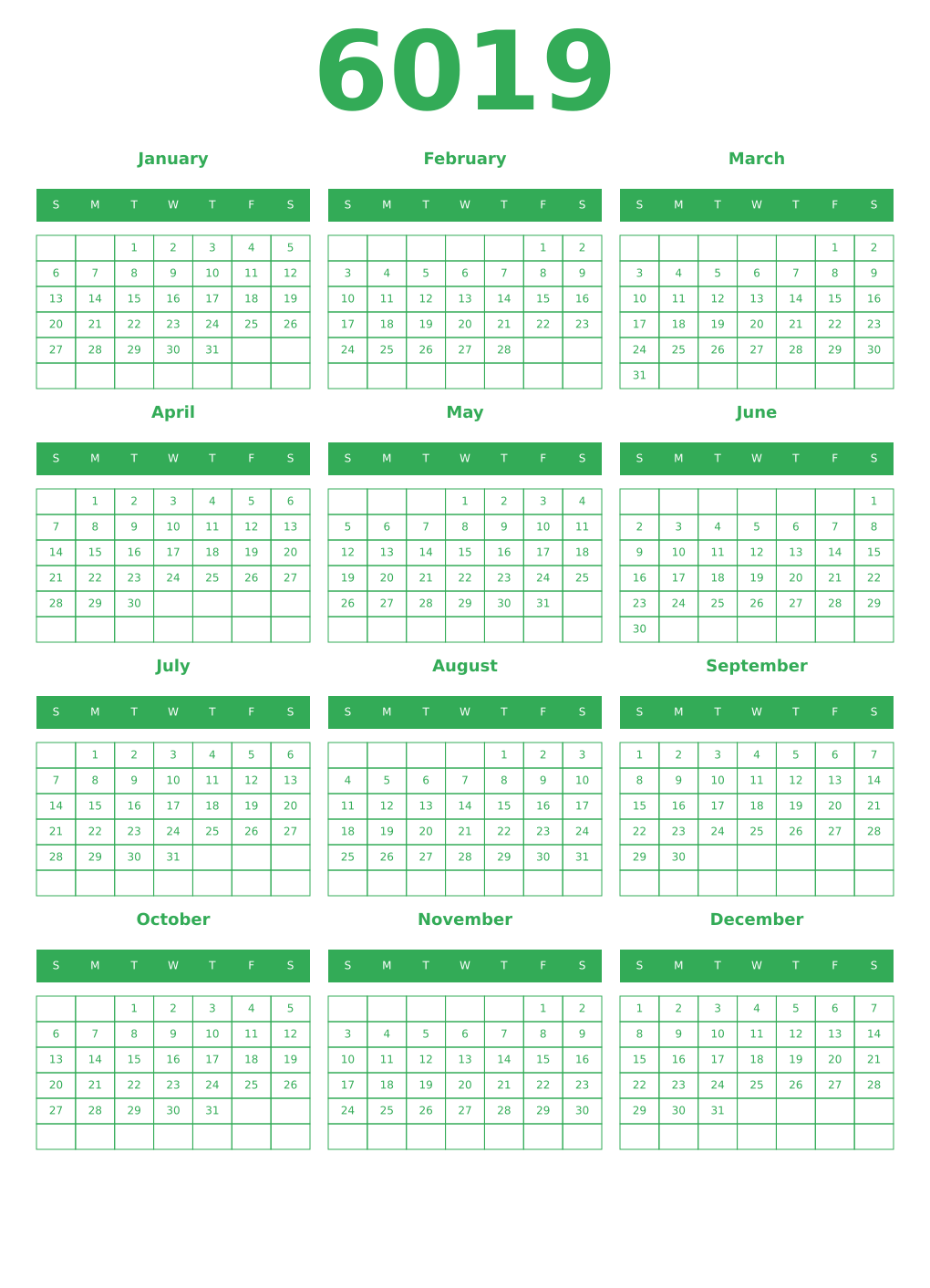 Printable 6019 Year Calendars green