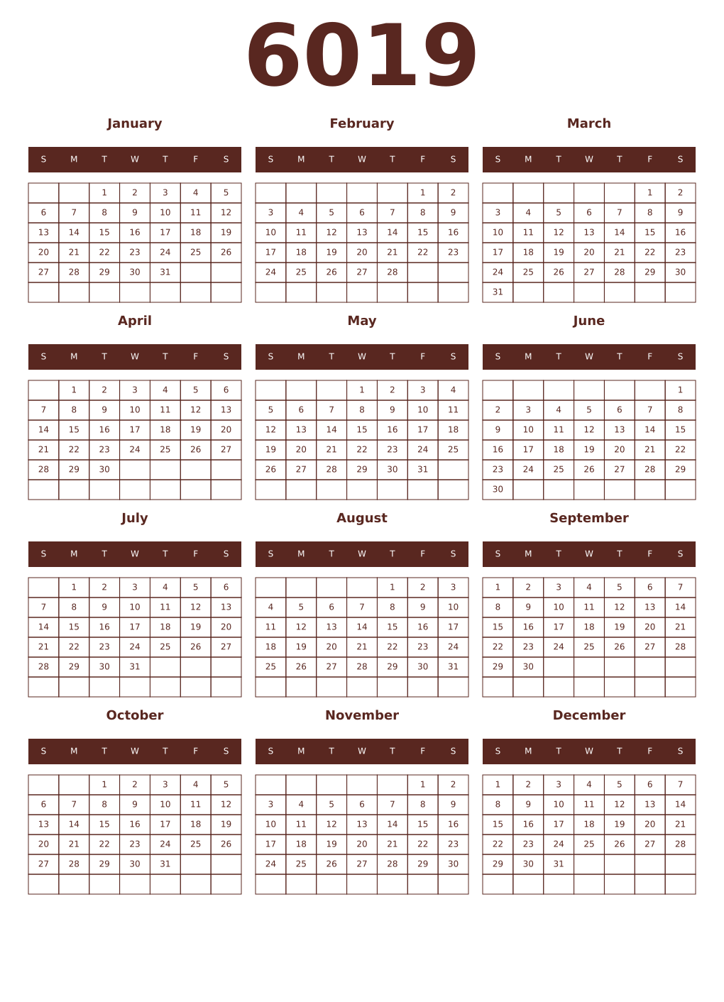 Printable 6019 Year Calendars mortuum