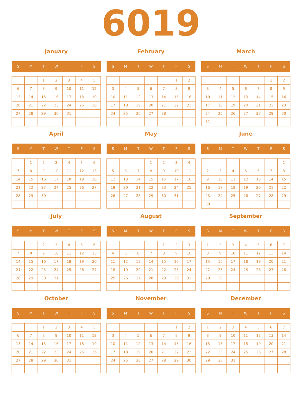 Printable 6019 Year Calendars orange
