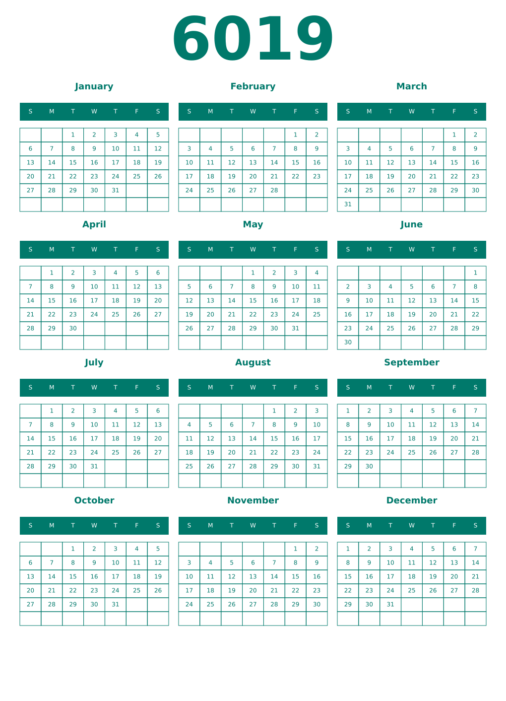 Printable 6019 Year Calendars pastel