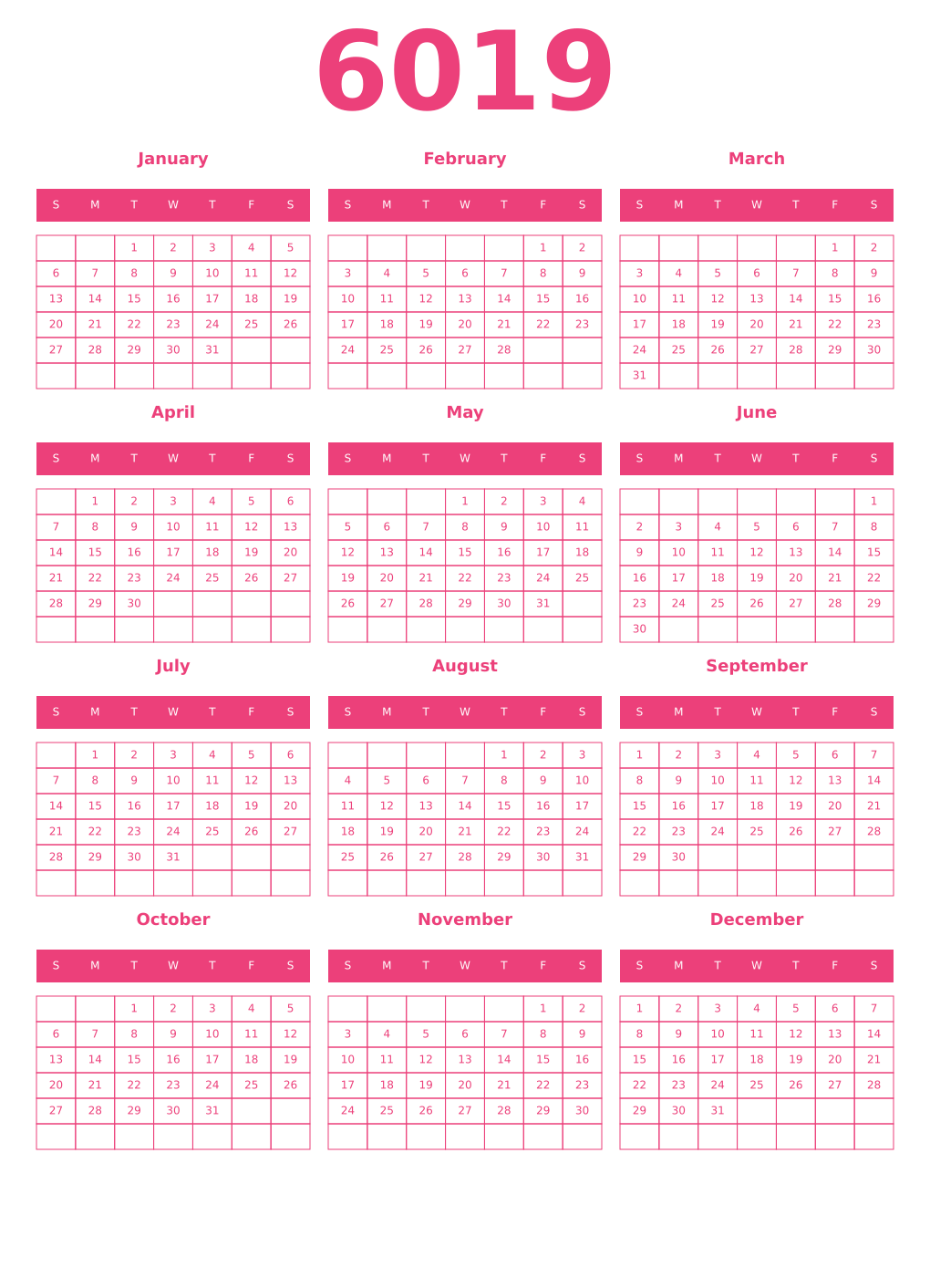 Printable 6019 Year Calendars pink