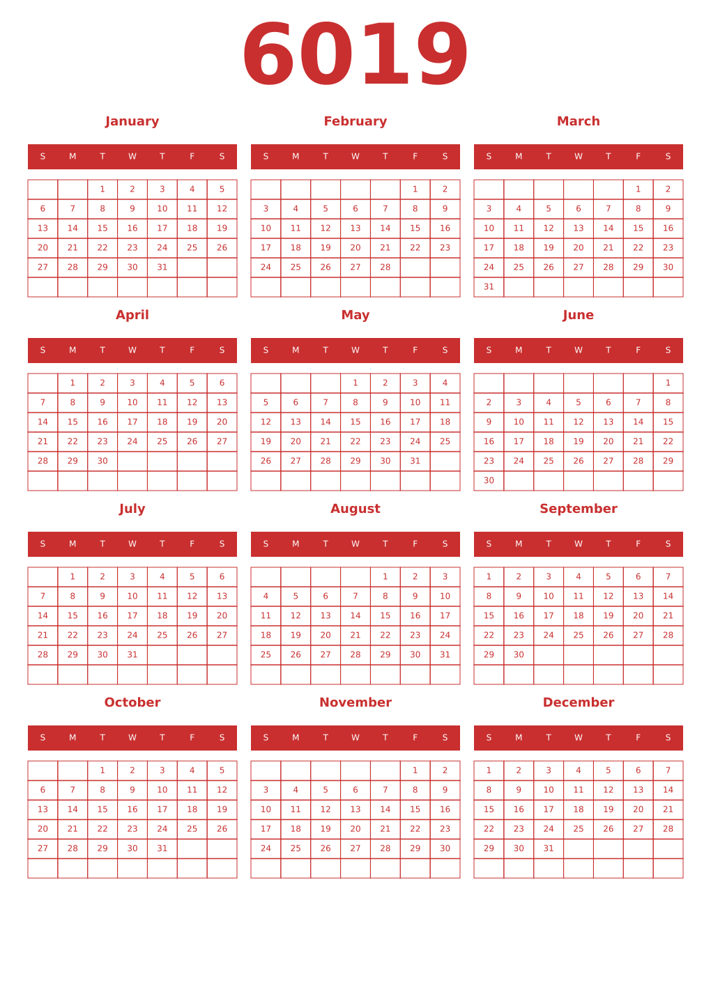 Printable 6019 Year Calendars red